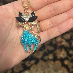 Betsey Johnson Gold Cat Pendant Necklace with Clear & Blue Crystals